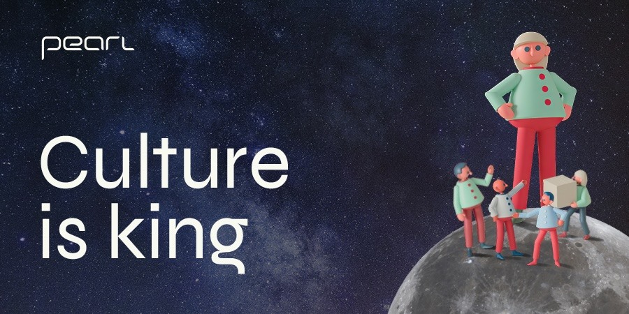 Illustration of people working on the moon, with the Pearl logo and the words culture is king.